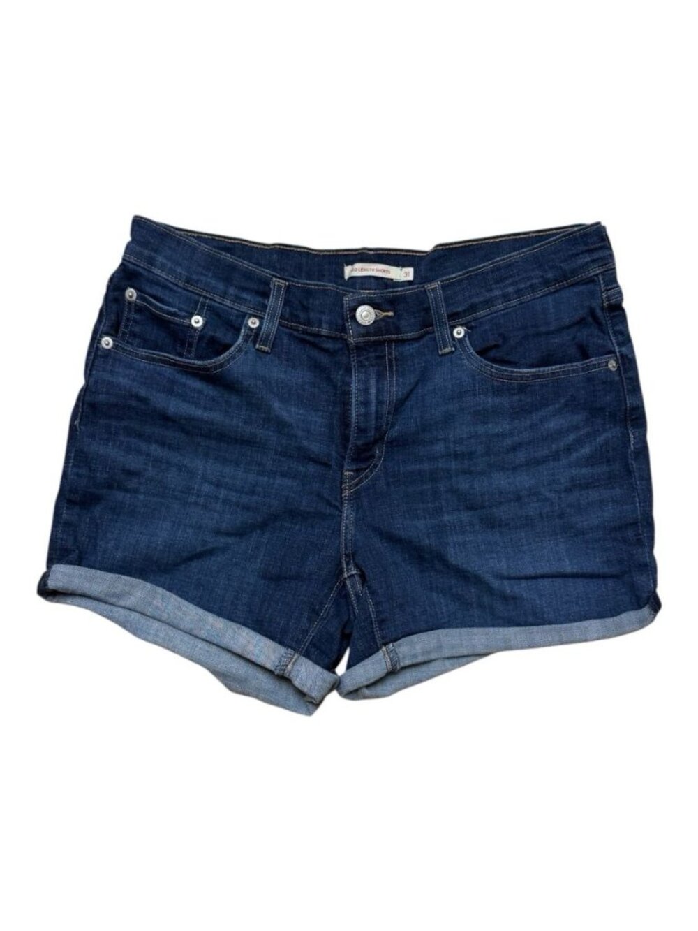 Levi’s Mid Length Denim Shorts Women’s Size 31 Dark Wash Rolled Cuff Stretch